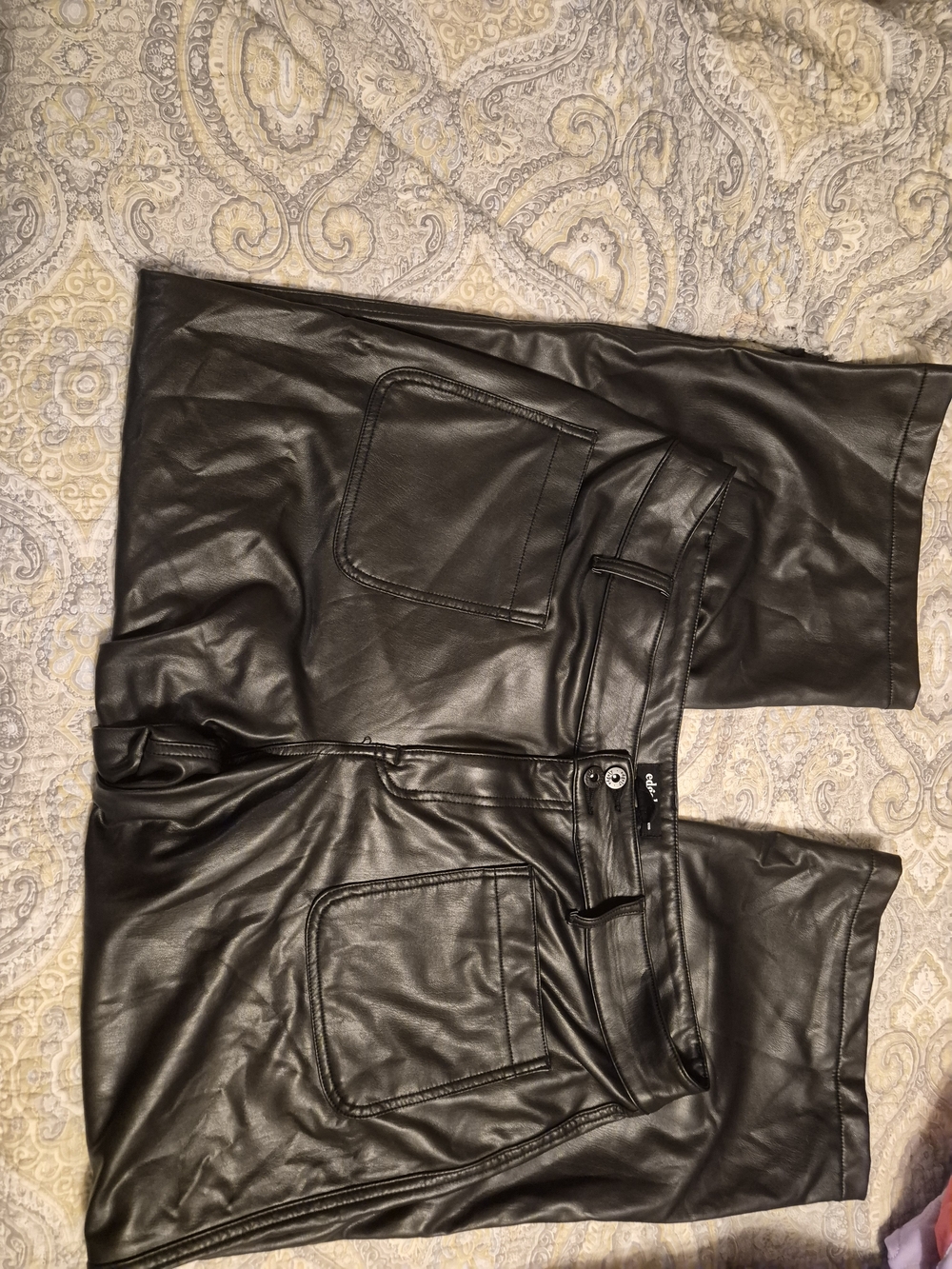 edge Black Faux Leather Trousers with Branded Buttons